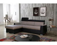 Rohová sedačka s rozkladom a úložným priestorom Nova L/P - šenil béžový / čierna ekokoža