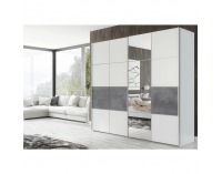 Šatníková skriňa s posuvnými dverami a zrkadlom Puno - biela matná / sivá