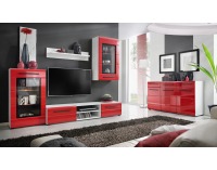 Obývacia stena s osvetlením Timber 1 - biela / červený lesk